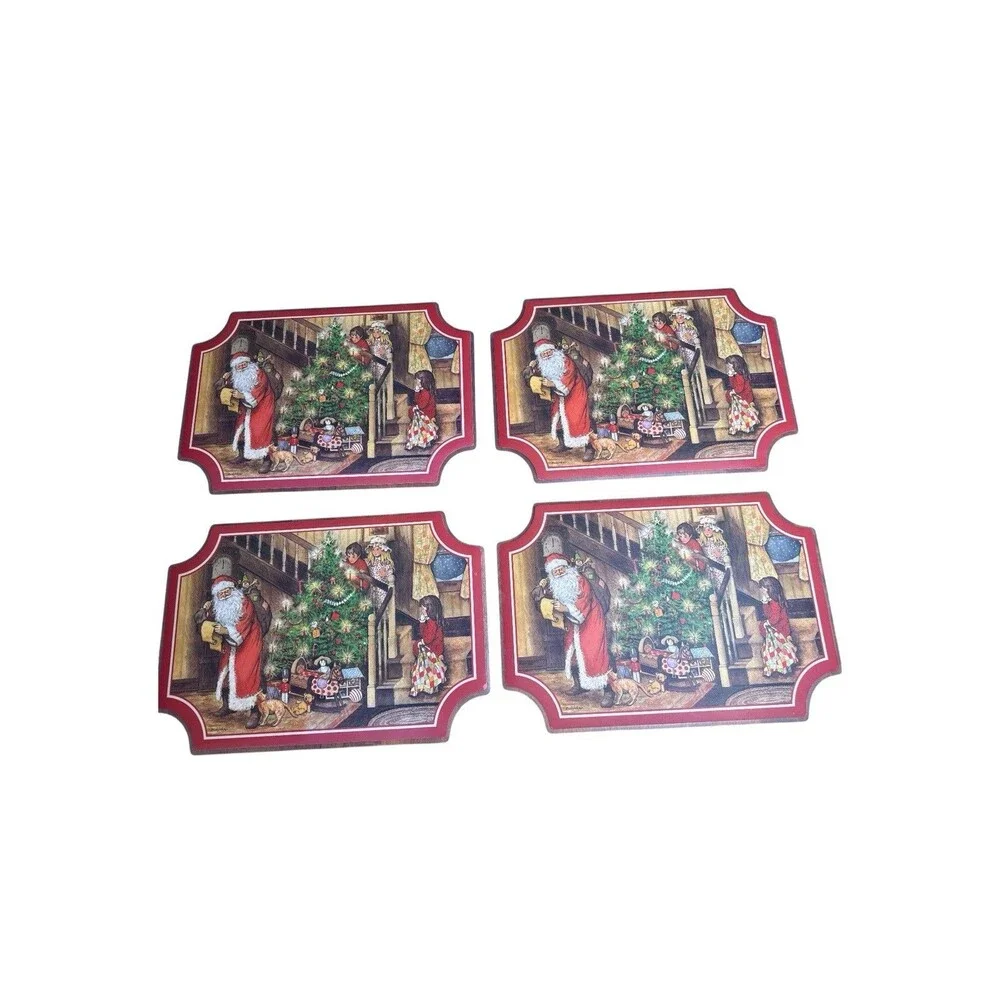 VTG Christmas Placemats Santa Children Set Of 4 17x12” Double Sided Design Vinyl